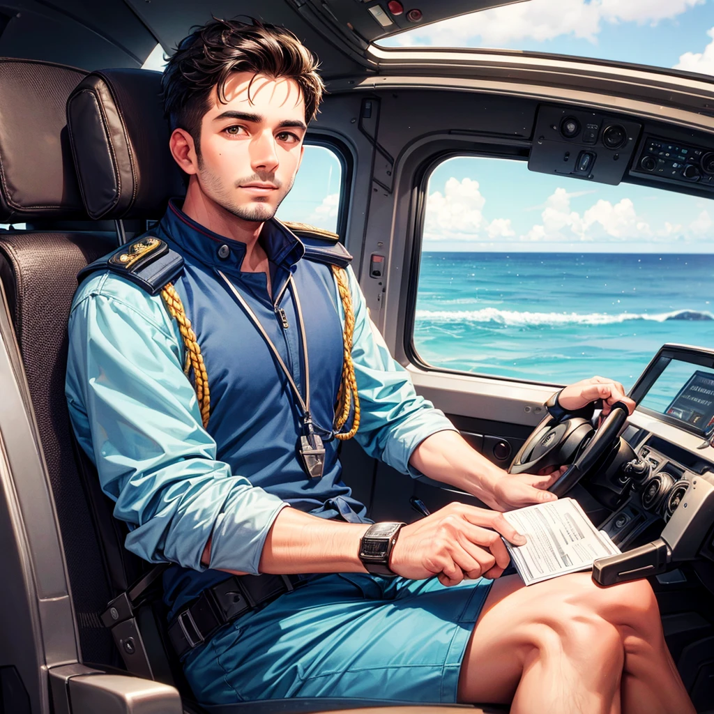 30 year old man Mexican navy pilot sitting in his chair driving a warship