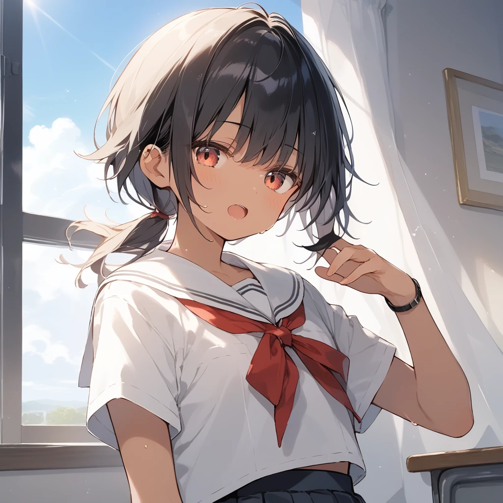 score_9, score_8_up, score_7_up, source_anime, best quality, masterpiece, official art, absurdres, highres, ultra-detailed,waifu2x,Collection: Slice of Life,break,1girl, tomboy, dark-skinned female, short hair, low ponytail, flat chest, school_uniform, beautiful detailed eyes, soles, sweat, open mouth, (yawn:0.3), sleepily,  indoors, wind,break,(clear line illustration:1.2), super detailed skin,very high resolution, very aesthetic, Best sexual lighting powered by famous artist, 8k,cute picture,beauty illustration,photoshop_(medium),,(Detailed Lighting),best anime 8k konachan wallpaper, pixiv contest winner, 