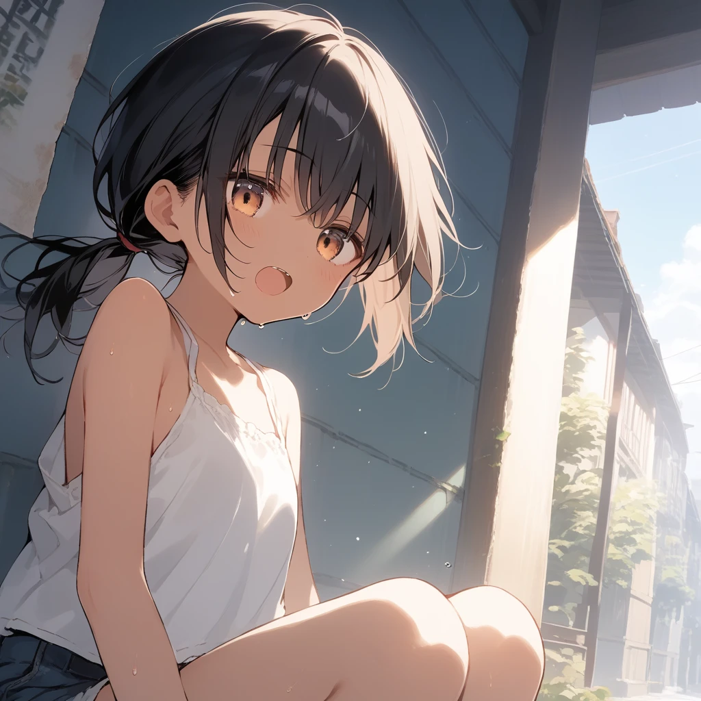 score_9, score_8_up, score_7_up, source_anime, best quality, masterpiece, official art, absurdres, highres, ultra-detailed,waifu2x,Collection: Slice of Life,break,1girl, tomboy, dark-skinned female, short hair, low ponytail, flat chest, beautiful detailed eyes, short shorts, sweat, open mouth, (yawn:0.3), sleepily, outdoors, wind,break,(clear line illustration:1.2), super detailed skin,very high resolution, very aesthetic, Best sexual lighting powered by famous artist, 8k,cute picture,beauty illustration,photoshop_(medium),,(Detailed Lighting),best anime 8k konachan wallpaper, pixiv contest winner, 