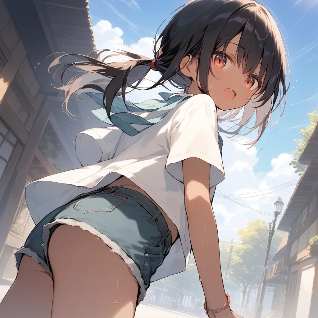 score_9, score_8_up, score_7_up, source_anime, best quality, masterpiece, official art, absurdres, highres, ultra-detailed,waifu2x,Collection: Slice of Life,break,1girl, tomboy, dark-skinned female, short hair, low ponytail, flat chest, beautiful detailed eyes, short shorts, sweat, open mouth, (yawn:0.3), sleepily, outdoors, wind,break,(clear line illustration:1.2), super detailed skin,very high resolution, very aesthetic, Best sexual lighting powered by famous artist, 8k,cute picture,beauty illustration,photoshop_(medium),,(Detailed Lighting),best anime 8k konachan wallpaper, pixiv contest winner,