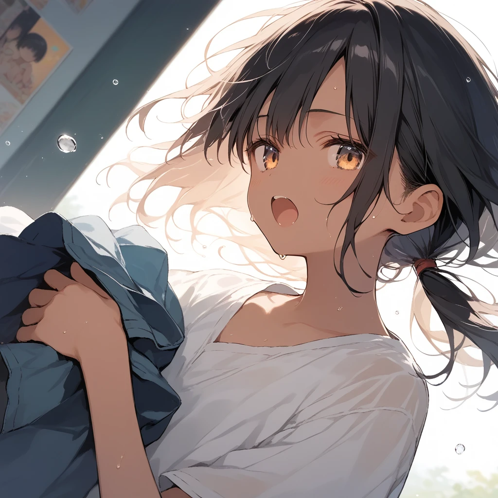 score_9, score_8_up, score_7_up, source_anime, best quality, masterpiece,official art, absurdres, highres, waifu2x,break,1girl, tomboy, dark-skinned female, short hair, low ponytail, flat chest, beautiful detailed eyes, short shorts, sweat, open mouth, (yawn:0.3), sleepily, outdoors, break,(clear line illustration:1.2),very high resolution, very aesthetic, super detailed skin, Best sexual lighting powered by famous artist, 8k,cute picture,beauty illustration,photoshop_(medium),,(Detailed Lighting)