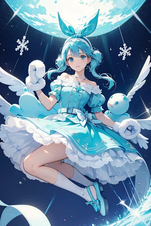 Mittens has styled her hair in elaborate curls. She has a sky blue headband that has a sky blue bow on it and an ice jewel in the middle. Her top is light blue with a white collar and white puffy sleeves. She wears a turquoise blue icicle necklace, a pearly belt, and a puffy light blue tulle skirt. Her leggings are white, and she wears fancy white socks and pearly turquoise blue slippers with tiny snowflakes on them. SPARKLE; GLITTER