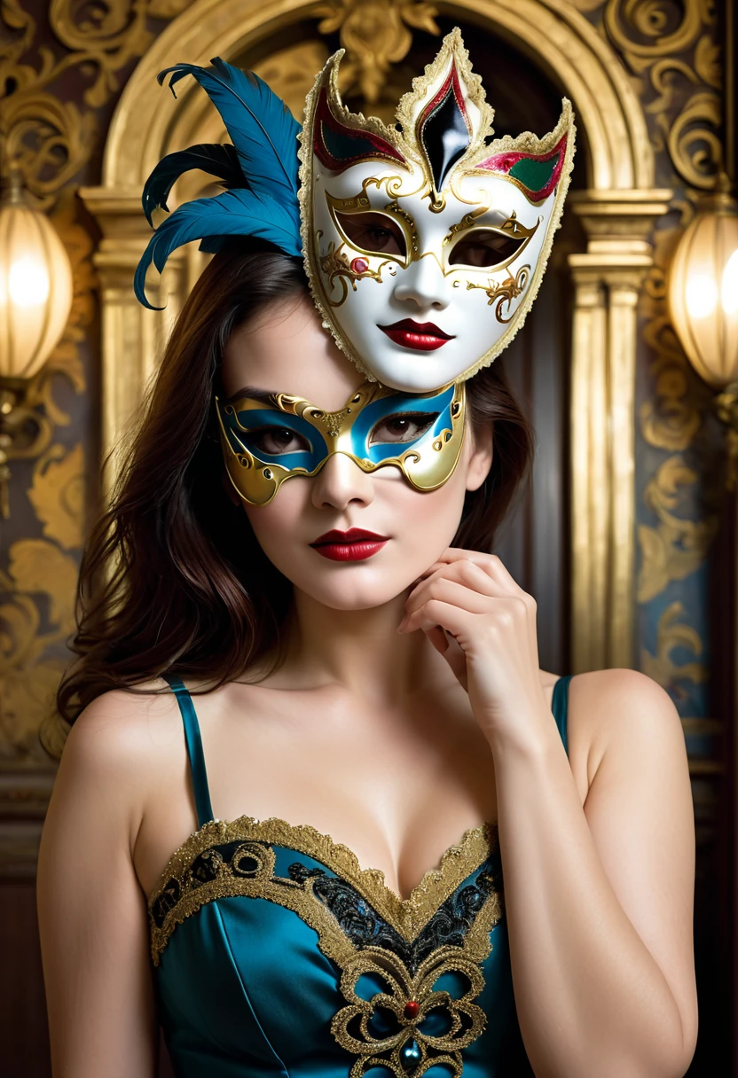 a woman posing for a photo with half a Venetian mask, Drama, in the style of Quentin Tarantino, Dramatic, --c 51