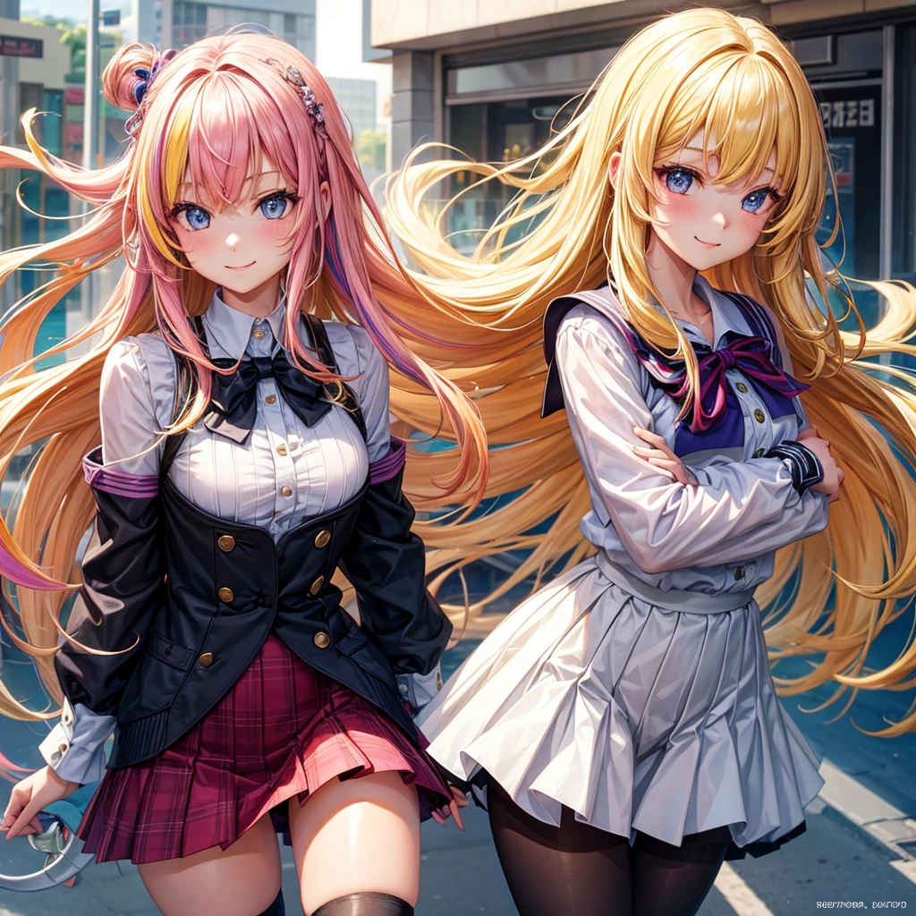 Best Quality，Young Girl， girl，，Clothing of the future，Young，Light novel，Elementary school girl，Blonde Hair，Beautiful girls，８K，Perfectly portrayed，Multicolored Hair，smile，High quality，new，Absurd，colorful，masterpiece，Long Hair，Sparkling，Horny girl，Naughty Girls，Angel，Perfect Face，strongest，mini skirt，tights，stylish，