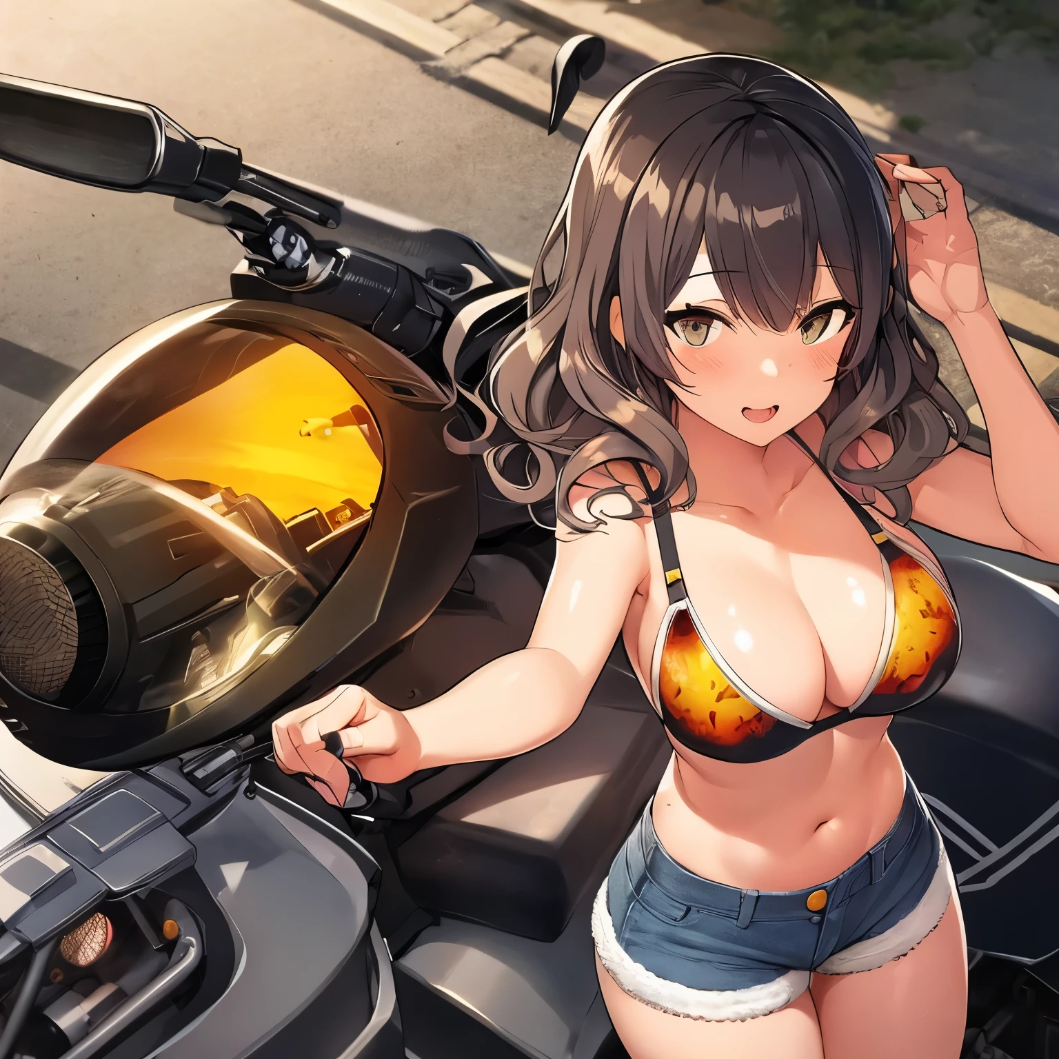 Cartoon of a woman riding a motorcycle with a large tank on the back, Mechanized Valkyrie Girl, bikini + Tattered military equipment, Mechanized Soldier Girl, Kashert Kenz, Inspired by Shiro Masamune, Anime Art Vehicle Concept Art, By Akihiko Yoshida, top rated on Pixiv, trending on Pixiv, Pixiv,Cartoon of a woman riding a motorcycle with a large tank on the back, Concept art inspired by Masamune Shirow, Topics on pixiv, Self-sastructing art, Mechanized Valkyrie Girl, bikini + Tattered military equipment,(Denim hot pants:1.3), Mechanized Soldier Girl, Kashert Kenz, Anime Art Vehicle Concept Art, Top rated on pixiv, Dieselpunk Art Style,(Shiny amber hair:1.6), (Wavy medium hair:1.6), (Brown beautiful girl), (Healthy dark skin), (Sunburn mark), clavicle