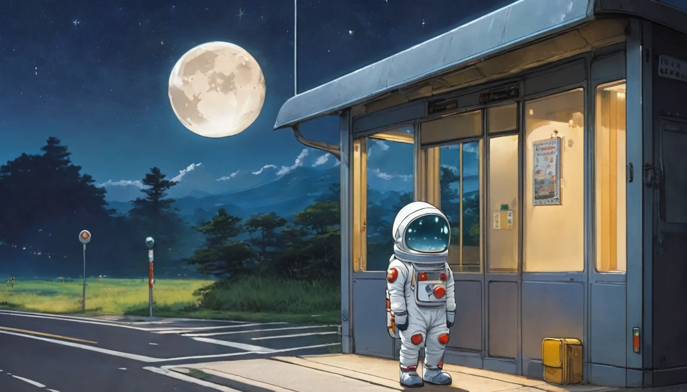 Cute spaceman waiting at moon bus stop, Hayao Miyazaki style, Studio Ghibli style, masterpiece,