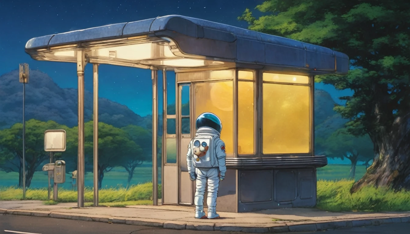 Cute spaceman waiting at moon bus stop, Hayao Miyazaki style, Studio Ghibli style, masterpiece,