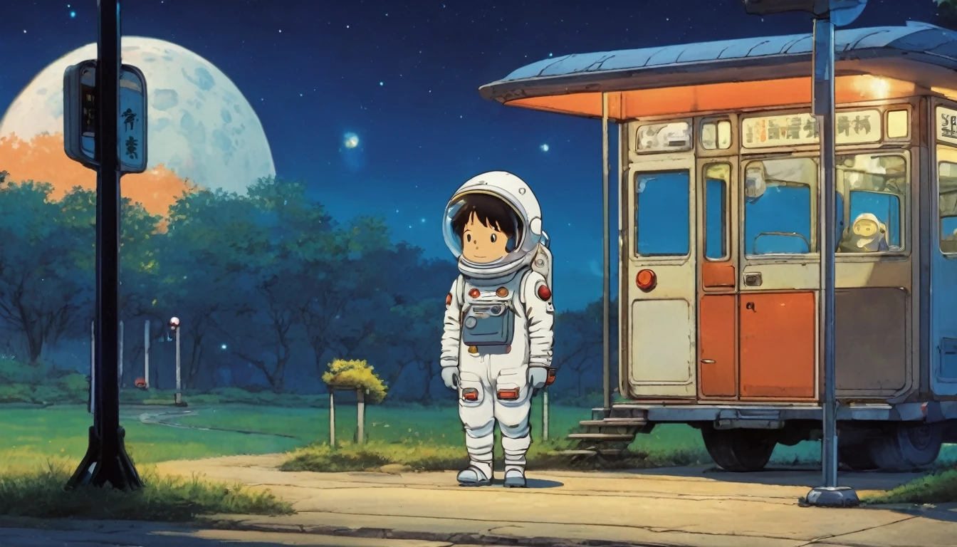 Cute spaceman waiting at moon bus stop, Hayao Miyazaki style, Studio Ghibli style, masterpiece,