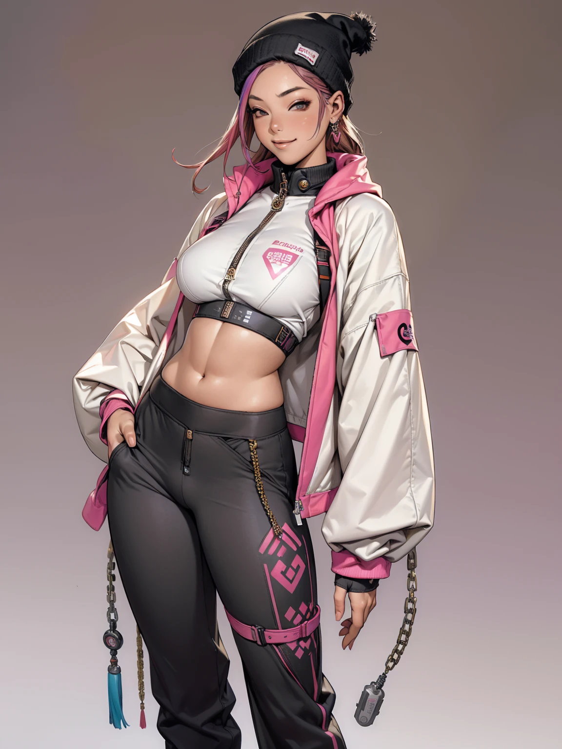 (((best qualityer))), (((absurdres))), (((1girl))), (((Urban girl))), (((malicious smile))), a beautiful and sexy girl with multi-colored hair wearing ultra modern clothes with kanjis printed on her nylon jacket with diamond-shaped stitching, (((slim with fitness body))), bright and contrasting colors, Hip-hop style low-waisted wide-leg pants with panty straps showing, stylish Beanies with vertical seams, Brand logo, hip-hop gold neck chains, padlock, buttons with Japanese art, multi colored hair and futuristic modern cut, with your hand in your pocket, in the background buildings and walls with colorful graffiti, under boob, neckleace