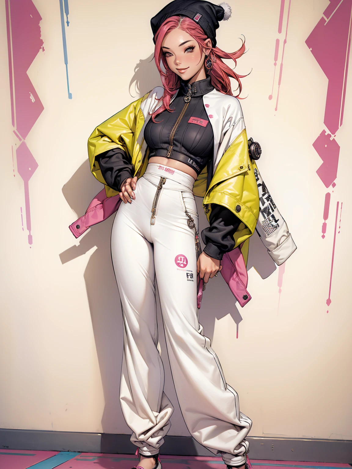 (((best qualityer))), (((absurdres))), (((1girl))), (((Urban girl))), (((malicious smile))), a beautiful and sexy girl with multi-colored hair wearing ultra modern clothes with kanjis printed on her nylon jacket with diamond-shaped stitching, (((slim with fitness body))), bright and contrasting colors, (((Hip-hop style low-waisted wide-leg pants with panty straps showing))), (((stylish Beanies with vertical seams))), Brand logo, hip-hop gold neck chains, padlock, buttons with Japanese art, multi colored hair and futuristic modern cut, with your hand in your pocket, in the background buildings and walls with colorful graffiti, under boob