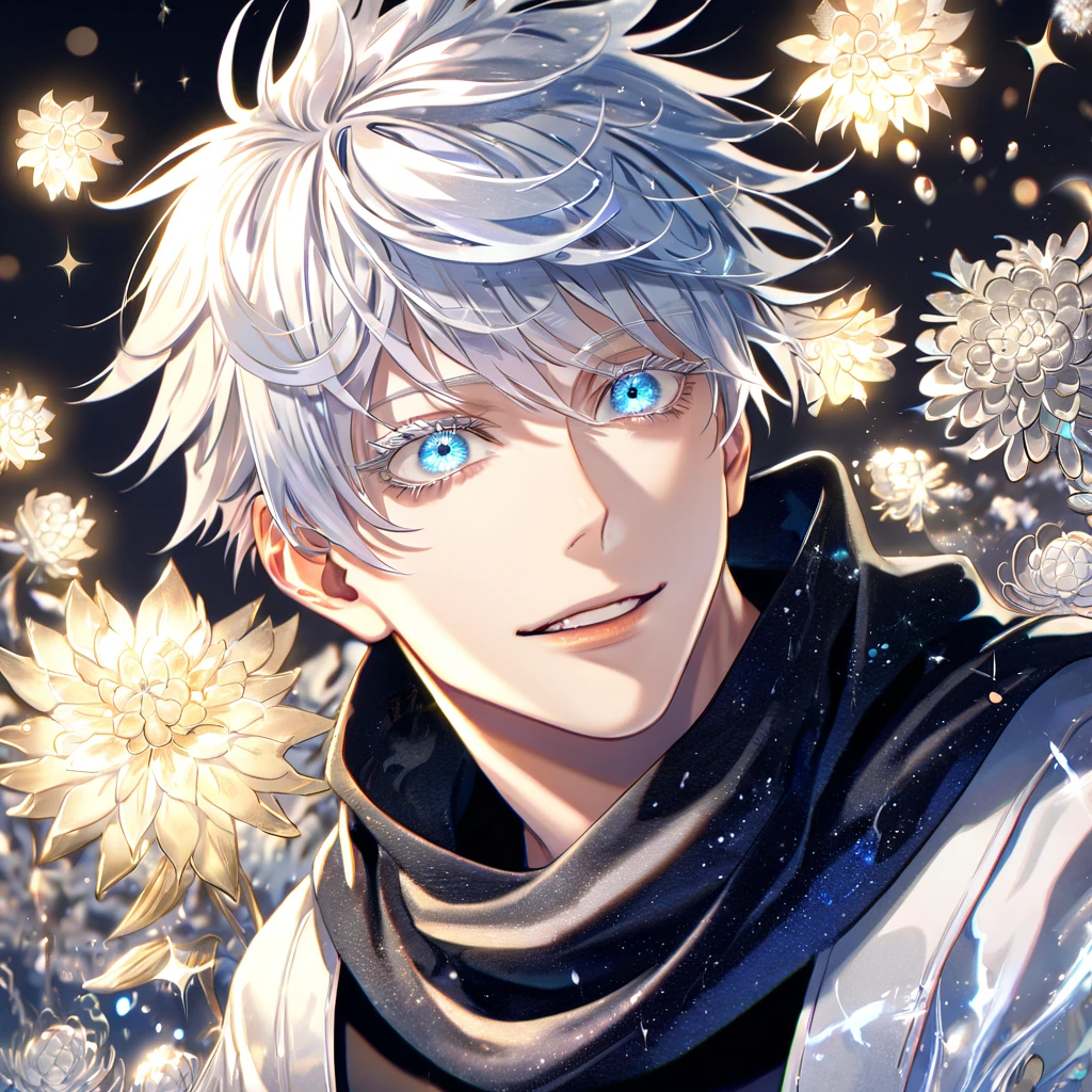 absurdres, highres, ultra detailed, HDR, master piece, best quality, extremely detailed, Gojou Satoru, white hair, expressive blue eyes, white eyelashes, Jujutsu Kaisen, solo, sexy man, handsome, smile, white haori, black scarf, black tight T-shirt, fantasy, water, sparkling, silver glittering fireflies, silver moon, silver blossoms, silver chrysanthemums, silver sparkling lights, starry sky, magical