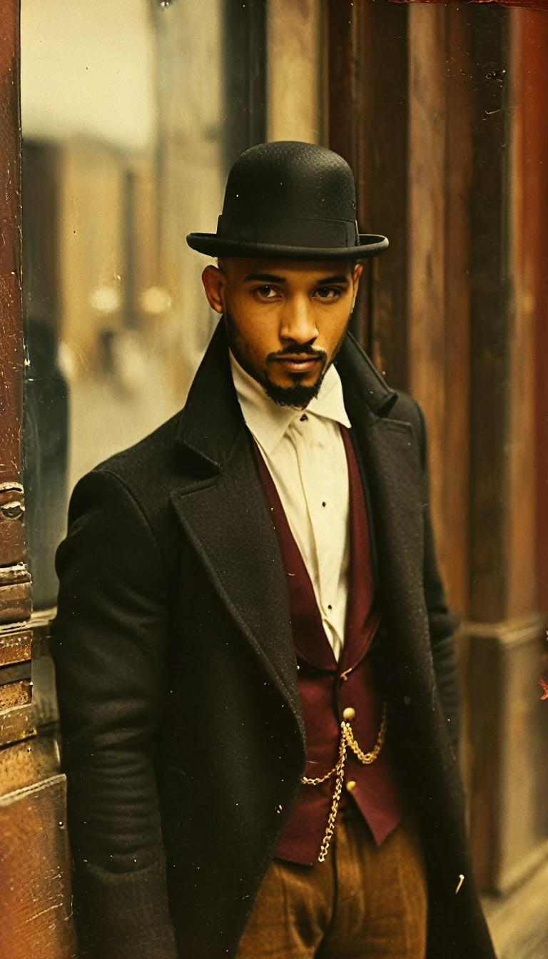 (Bald brunette mulatto) (goatee) (white dress shirt with long puffed sleeves) Wears a black bowler hat, a burgundy-colored vest with gold buttons, a black coat, black trousers, a gold pocket watch, gold rings on the fingers