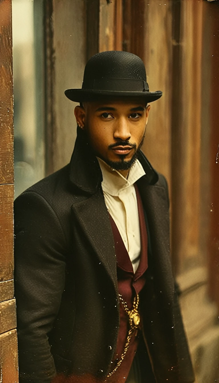 (Bald brunette mulatto) (goatee) (white dress shirt with long puffed sleeves) Wears a black bowler hat, a burgundy-colored vest with gold buttons, a black coat, black trousers, a gold pocket watch, gold rings on the fingers