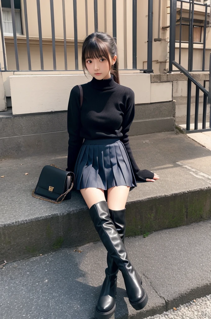 15 years old Japanese girl Check Pleated Skirt Tar neck sweater Knee-high boots