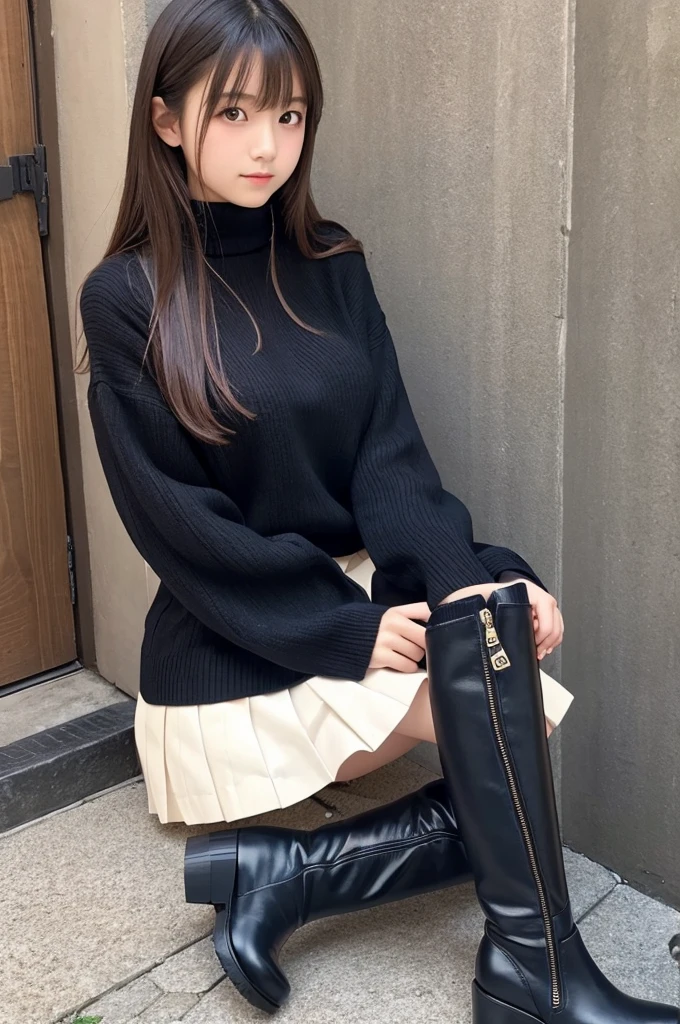 Japanese girl Check Pleated Skirt Tar neck sweater Knee-high boots