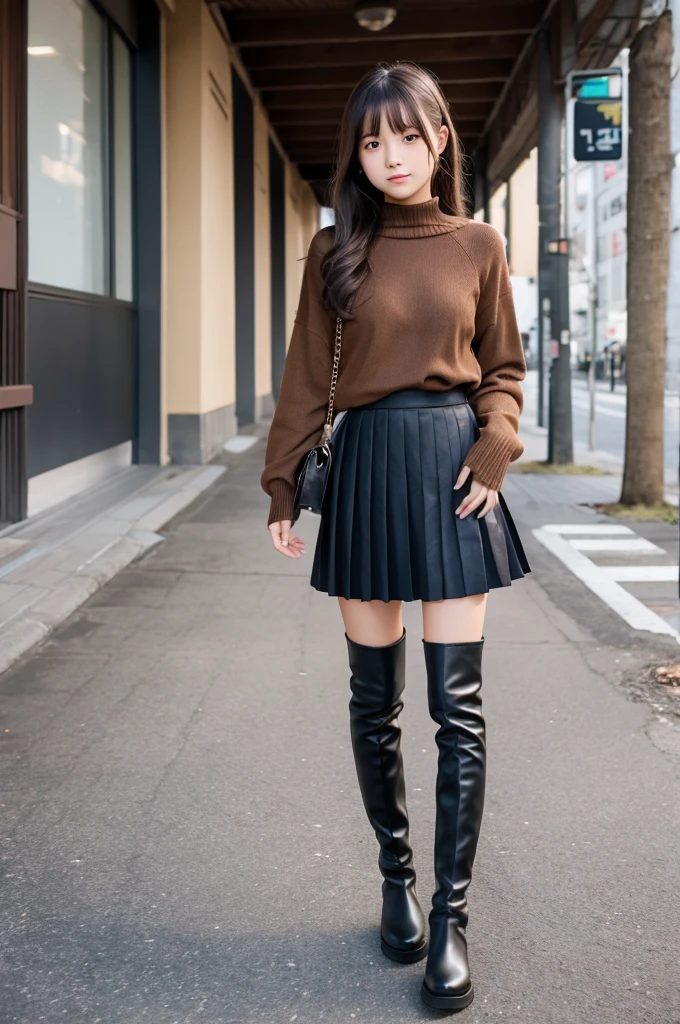15 years old Japanese girl Check Pleated Skirt Tar neck sweater Knee-high boots
