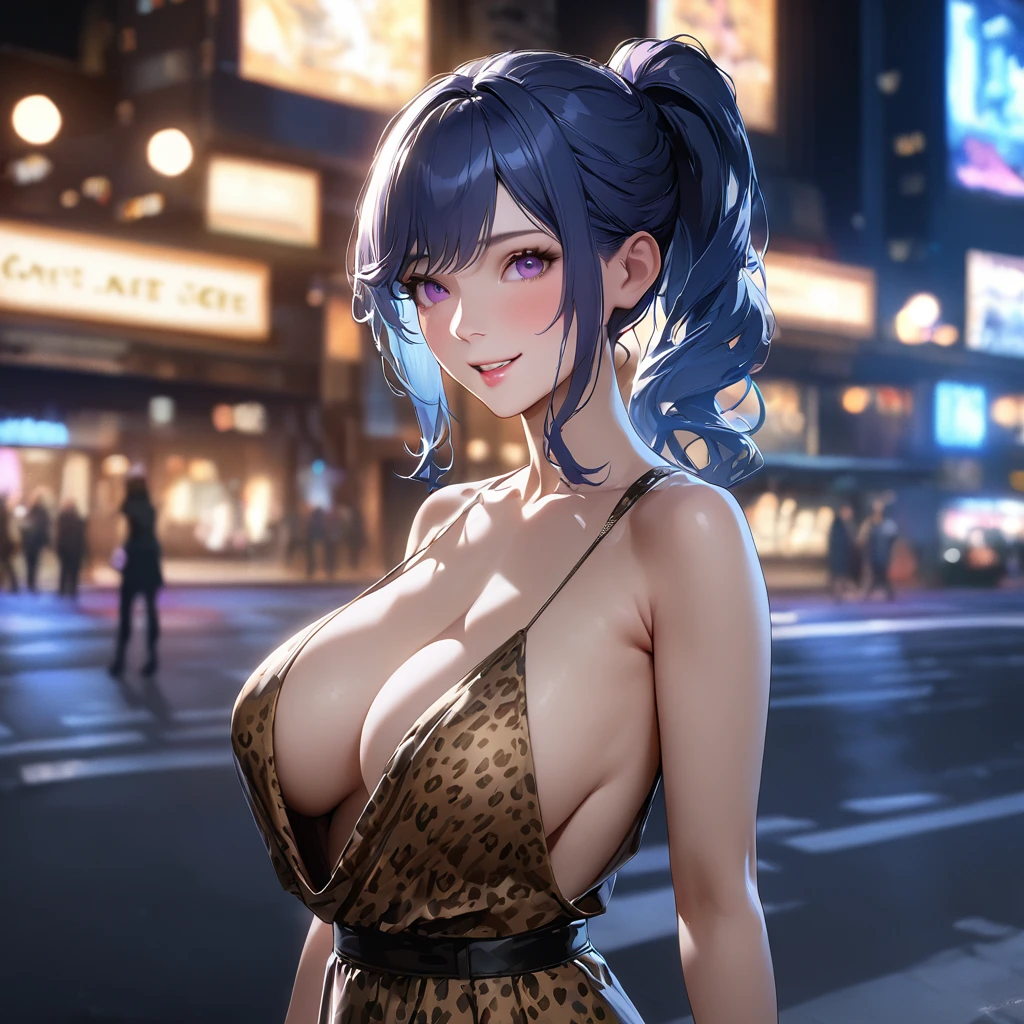 A woman wearing a leopard print dress, exposed shoulders, large breasts, black heels, blue hair, ponytail hair, purple eyes, standing on a sidewalk in a city at night, buildings in the background, blurred background, bright, smiling place..UHD , prime work , accurate , anatomically correct , textured skin , super details , high quality , best quality, 8k, high resolution, bokeh effect. (woman solo), realistic, close view
