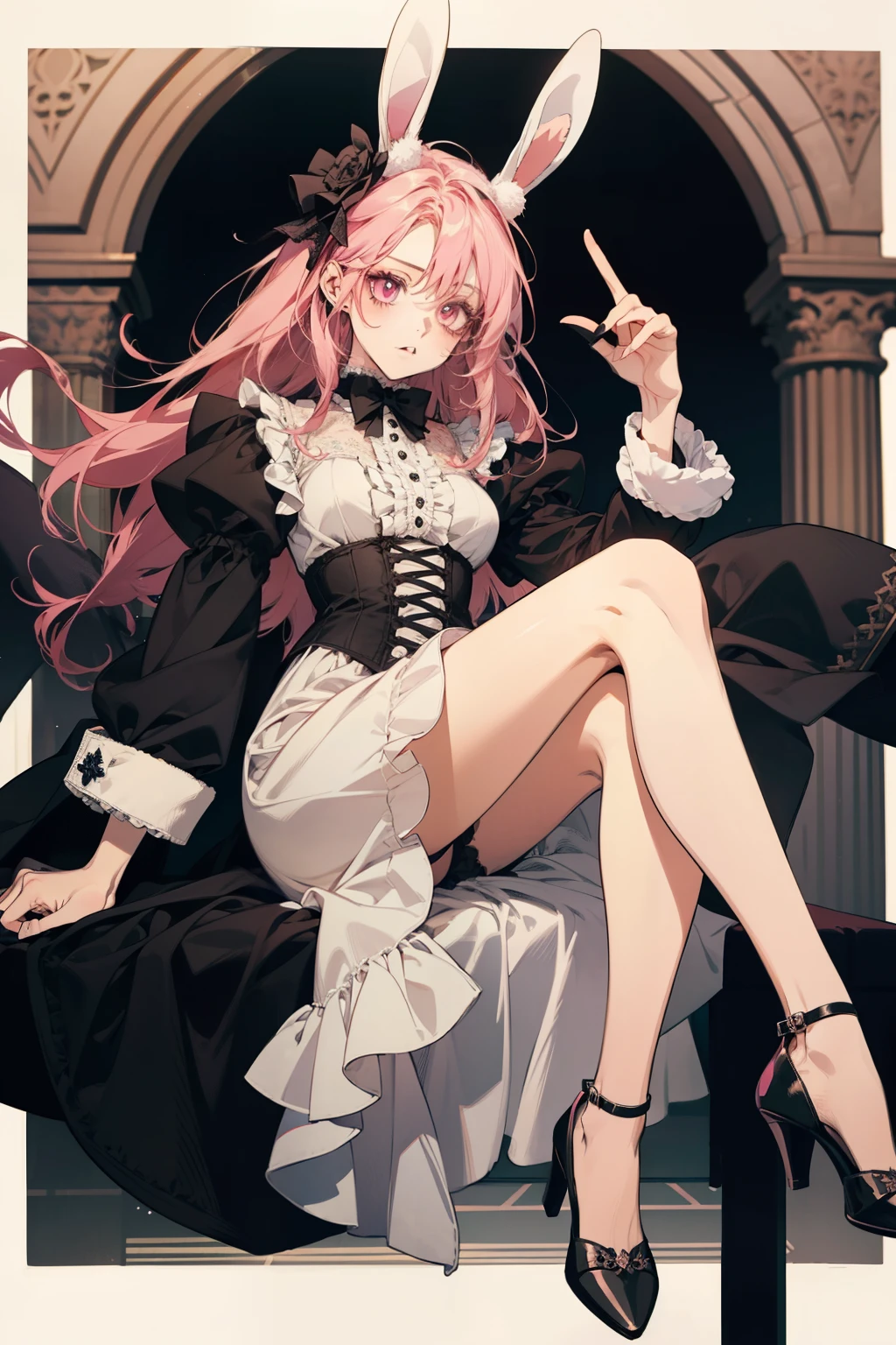 anime girl, pink eyes, pink hair, white bunny ears, long dress, frills, heels, Gothic art, high details, high quality, 4K, HD, masterpiece, anatomically correct