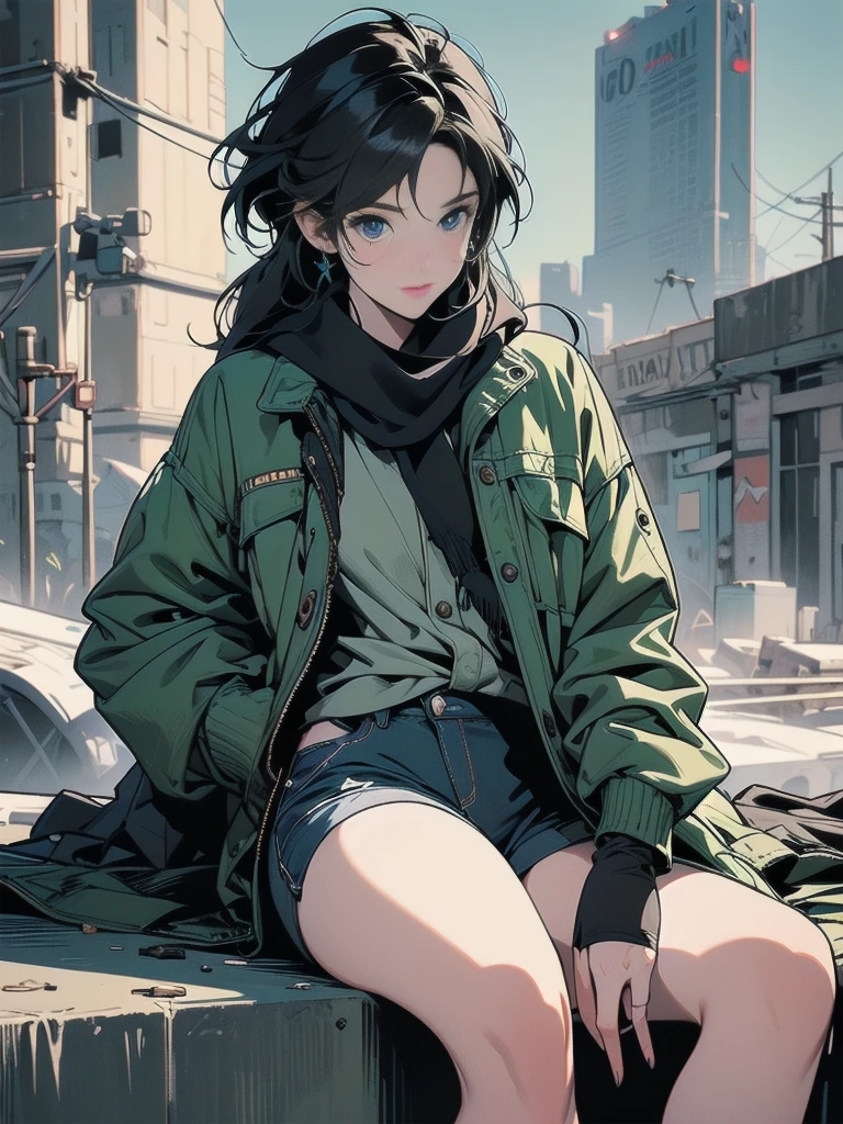 One girl, Chinon 1, scarf, Fingerless gloves, Long sleeve, Short black shorts, hair ornaments, Hair Clip, Green thighs, Green jacket, Thigh straps, number de cowboy, Holding a gun, sniper rifle, Remains, Sitting, (Sword Art Online), range, Using a sniper, holding the sniper rifle, olhando no range, looking into the sniper rifle scope, number, High resolution, Urban, roof, Collapsed building, war, Catastrophe, disaster, Graves, cold, Bright Eyes, Superpoder, concentrated, concentrated, Cabello Kurt Azul, blue eyes, Ultra-realistic hands, With black gloves, Proportional Body