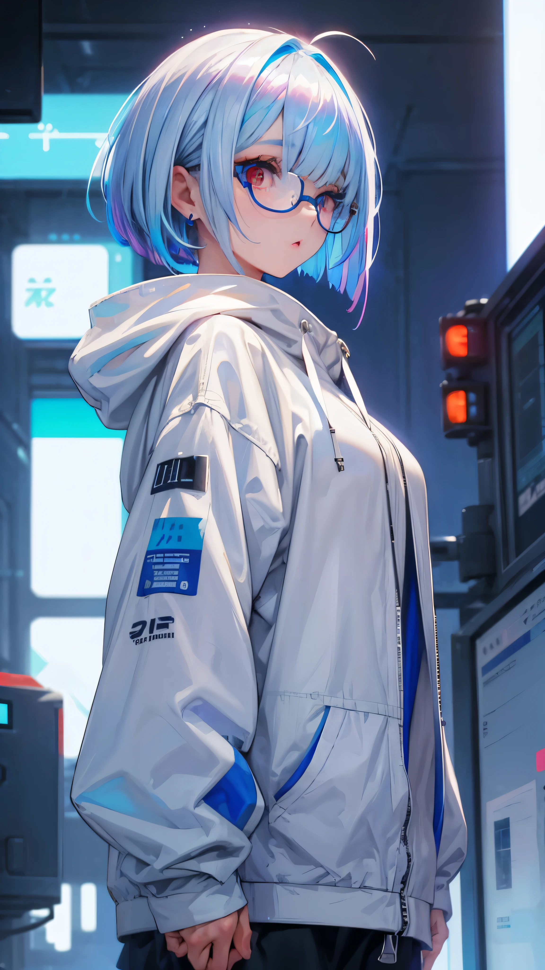 girl、White oversized hoodie with blue accents、Cyberpunk cityscape、Glasses、Composition looking up from below, white hair, colored inner hair, blue hair, floating hair, bob cut, red eyes, longeyelashes, gradient eyes, earrings, from below, UHD, highres, best quality, 8k