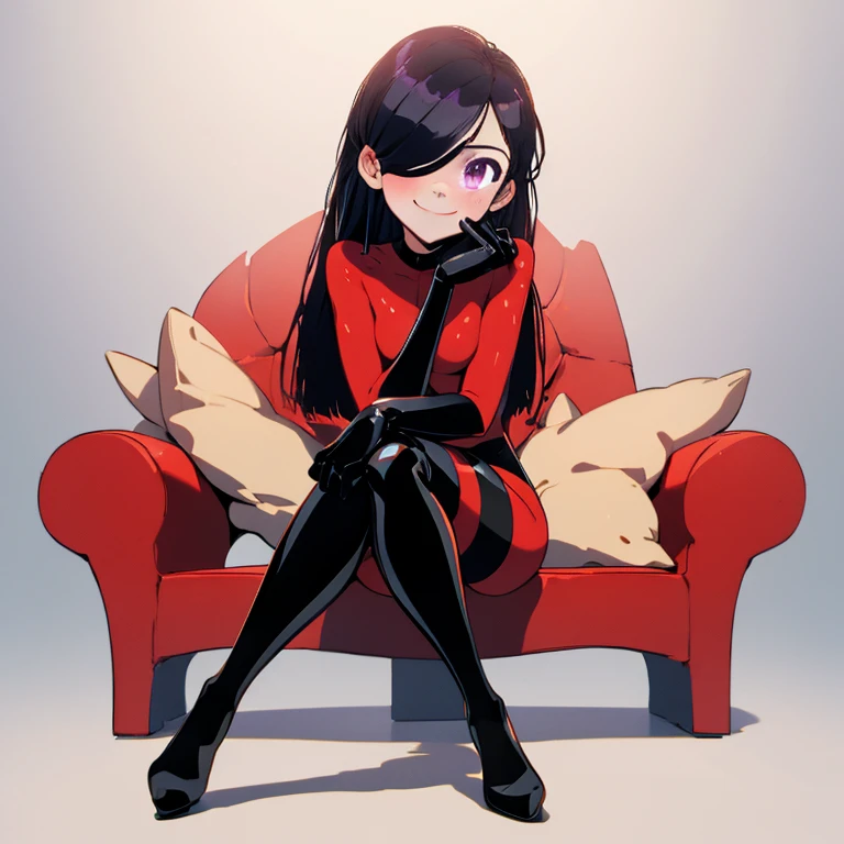 (full body),masterpiece, Highest quality, One Girl, purple, Long Hair, Black Hair，Hair on one eye,  (Red Hero Suit)，Red bodysuit，black elbow gloves，Black thigh-high boots，Thick thighs，Place one hand on hip，upright，View your viewers, smile, Simple Background,(Girl sitting，Sitting down，Cross your arms，)