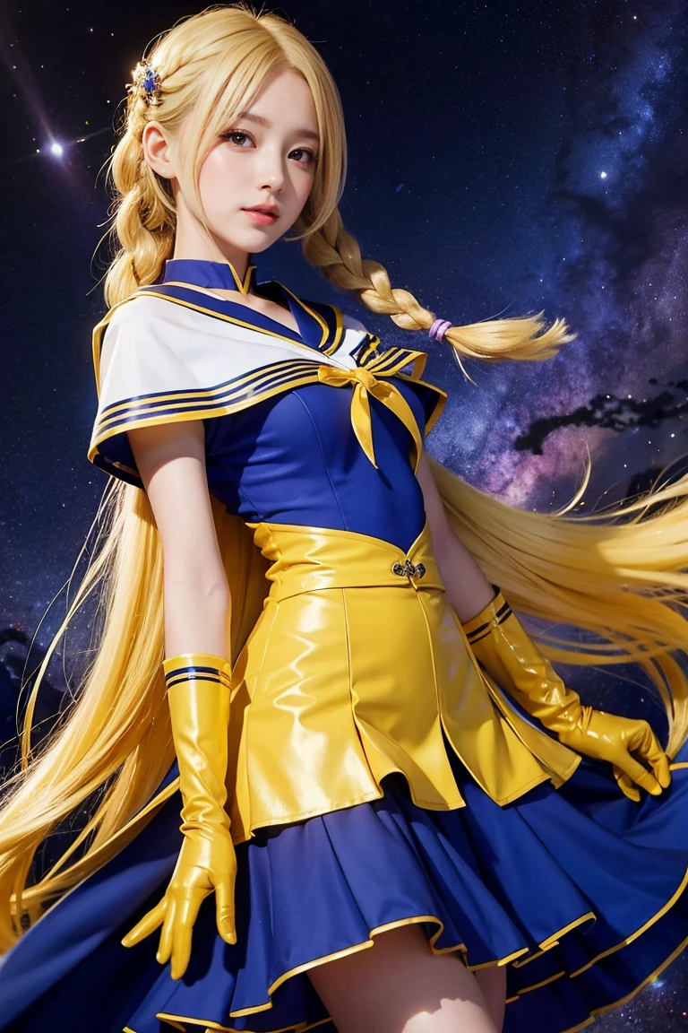 (((long braid yellow hair)))、(((Shiny short sleeves with yellow sailor collar)))、(((A 14 year old Japanese girl wearing a shiny blue leotard with a shiny yellow pleated skirt and elbow gloves, layered over a cape,smile)))、choker、イヤring、ribbon、ring、belly button、 (((Sailor Warrior Uniforms)))、Beautiful ornaments: 美しいPerfect Face, Soft Skin、Perfect Face, Intricate details, Splash screen, 8K resolution, masterpiece, Cute face、(((Space Background))、(Blue and purple light)、Queen of Queenasterpiece, Highest quality, Highest quality, Official Art, Beauty and aesthetics: 1.2), (One girl: 1.3)