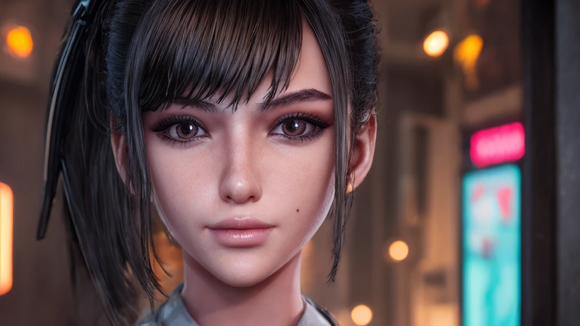 (masterpiece), best quality, expressive eyes, frontal pose, smile closed, perfect face,portrait medium body, Medium breasts, Brown eyes, Eve, Short bob haircut, Stellar blade, Fringe hair, Athletic body, Ponytail hair, unreal engine skin:0.3,blushing cheeks:1.4, tight breast, looking at viewer,, woman posing, cyberpunk bedroom, night, neon glow spothlighs in the walls,