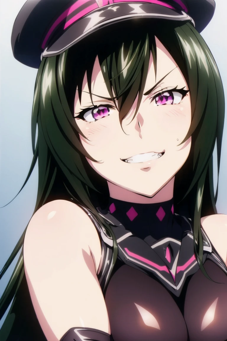 (((grinning lasciviously))), seductive anime girl, (((nefarious smirk))), [[[[grinning evily]]]], beautiful, masterpiece, ultra detailed, extremely detailed, ultra high res, 8k, beautiful detailed face, anime screencap, heart shaped face woman, (black hair:1.2), long hair, hair between eyes, large breasts, fearless face, sharp face, 170cm tall, (((adult))), perfect proportion, (((black high-leg leotard))), (((dare shoulder))), cleavage, (((thigh boots))), (((spiked choker))), (((military cap))), anime style, (((ultra detailed beautiful face and eyes))), front view, raw photo, incredibly absurdres, Beautiful portrait of cute anime girls, super fine illustration, full-hd, hdr, best aesthetic, distinct, exquisite, masterwork, by famous artist, highers, (((perfect anatomy))), mocking, (((rape face))), (((evil grin))), sadistic, gleaming skin, oil skin, slut face, (((full-face blush))), smirking, mischievous grin, furrowed mouth, both legs, pouty lips, downturned corners, rosy hue, grin widely, cheeky smirk, (((bad-tempered glare))), gloating, crazy smile, scary face, cruel smile, fang, connected teeth,, (((elbow gloves))), (((big connected teeth)), glare, grimace, smirk, (((scowling face))), smile broadly, symmetrical eyes, even eyes, perfect eyes, (((squinting eyes))), (((deep detailed eyes))), shiny clothes, 1girl, solo, smug, smile grimly, (((dimpled smile))), (((pink eyes))), (((standing, looking at viewer))), (((laugh))), (((pleasure face))), (((brutality face))), (((scary face))), (((empty eyes))), anime best girl, [[[[grinning evily]]]], anime moe artstyle, collarbone, dare collarbone, fair skin, deep detailed eyes, (((extremely detailed beautiful face and eyes))), perfect teeth, perfect mouth, adult face, (((clear eyes, perfect face, light eyes, symmetrical eyes, even eyes))), ,groin, mole under eye, perfect body, accurate face parts, harness bondage, crossed arms, black clothes, black wear,