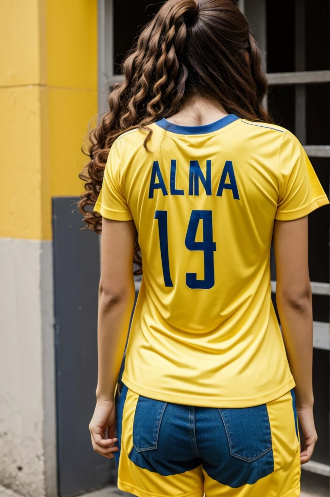 Anime girl with her back turned with long curly hair and a yellow Colombia national team t-shirt with the name ANA on the t-shirt