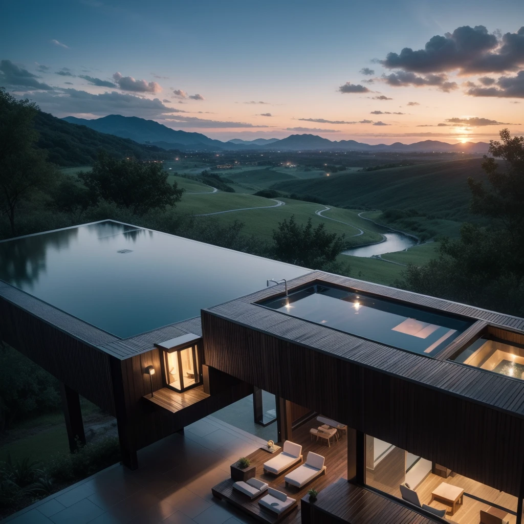 Zaha Hadid style hotel tower with wood and metal texture, hotel with infinity pool, rural landscape at dusk in high quality, 8k UHD