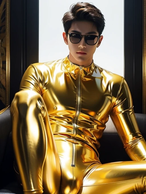 Korean man , ager, latex、Gold Sunglasses、Shining golden bodysuit、Dazzling space、Bulge , Visible up to the legs、whole body , realistic good looking Korean face , Natural Muscle , Beardless face、masterpiece、High resolution、Hyperrealism、Detailed face、alone、male、Glowing Skin、(ASİAN)、(young、teen)、good looking、Detailed Background、good looking