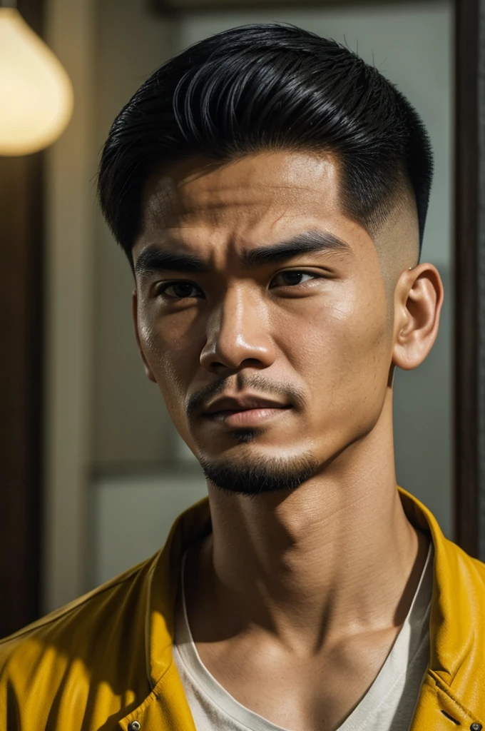 make character of my action film and his name is " Jim ". This man is filipino in age of 27, but his face or posture is not old, and attractive because of nose and eyebrow. Wearing den jacket color. The facial expression of this man is normal, not smiling, not sad. The hairstyle of this man is filipino haircut 90's haircut