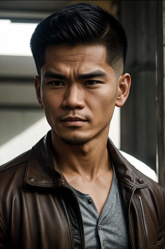 make character of my action film and his name is " Jim ". This man is filipino in age of 27, but his face or posture is not old, and attractive because of nose and eyebrow. Wearing den jacket color. The facial expression of this man is normal, not smiling, not sad. The hairstyle of this man is filipino haircut 90's haircut