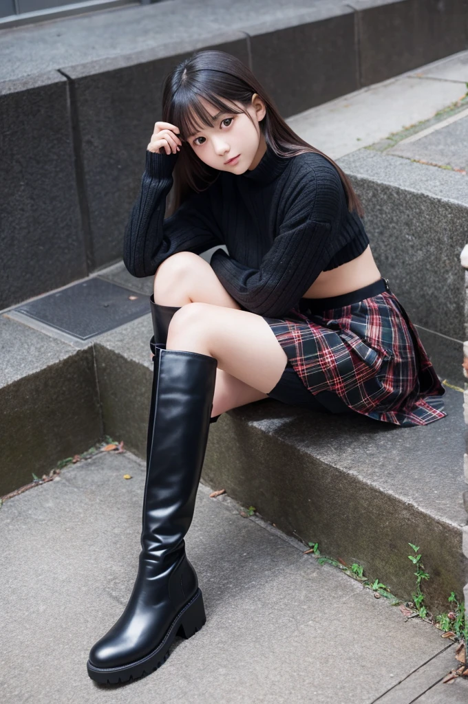 15 years old Japanese girl Check Pleated Skirt Black tartan neck sweater Knee-high boots