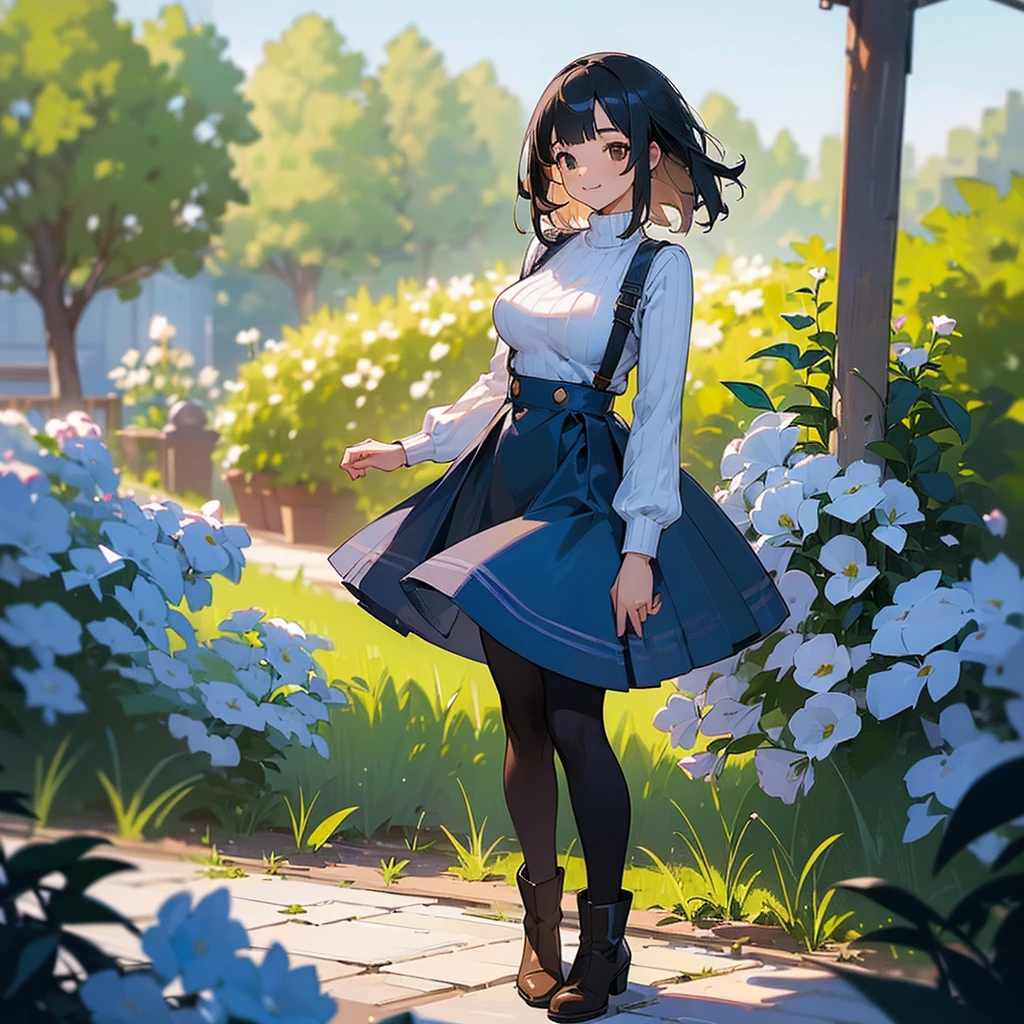 (high quality, High resolution, Very detailed, reality:1.37), Peaceful atmosphere, (Outdoor, garden), age girl standing alone, (my breasts are big.), Beautiful details, Cute Smile, (Black bob hair), Ribbed sweater, Blue Skirt, Black tights, Brown boots.