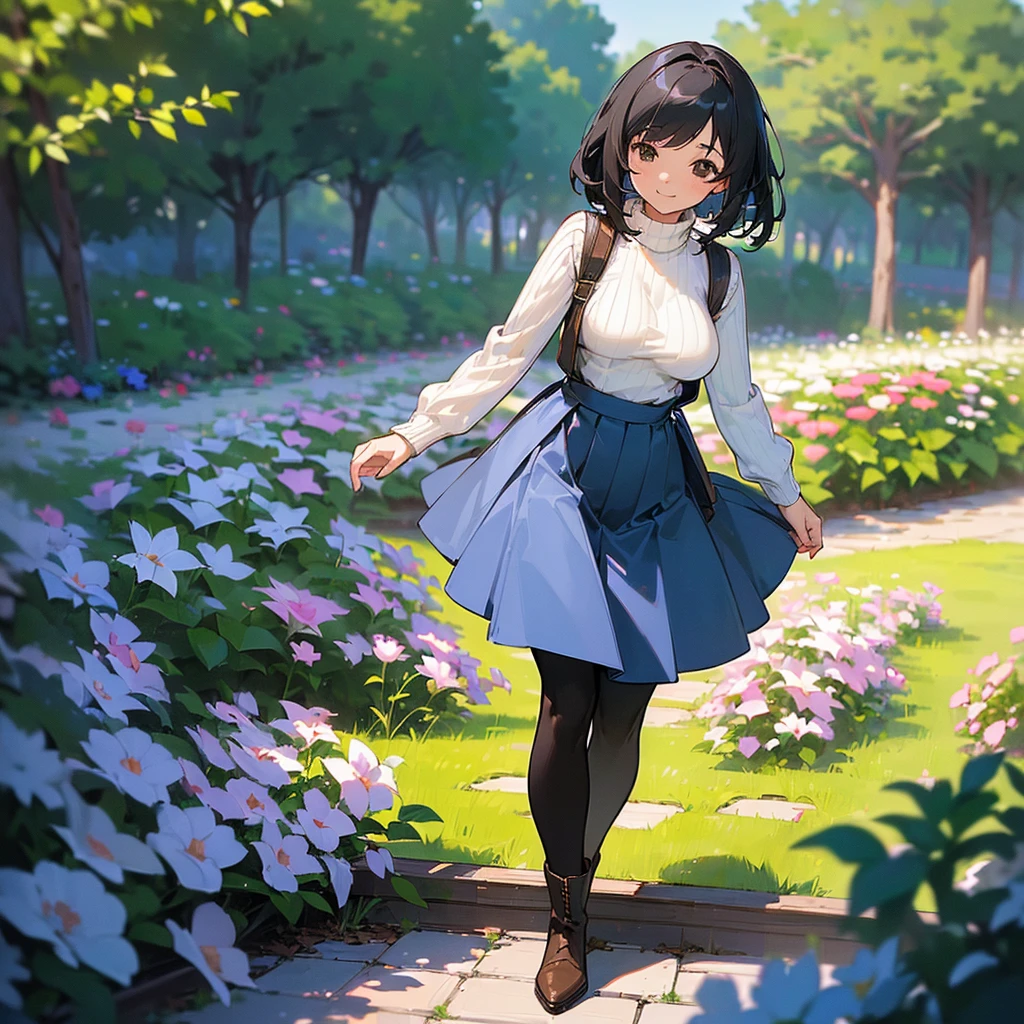 (high quality, High resolution, Very detailed, reality:1.37), Peaceful atmosphere, (Outdoor, garden), age girl standing alone, (my breasts are big.), Beautiful details, Cute Smile, (Black bob hair), Ribbed sweater, Blue Skirt, Black tights, Brown boots.