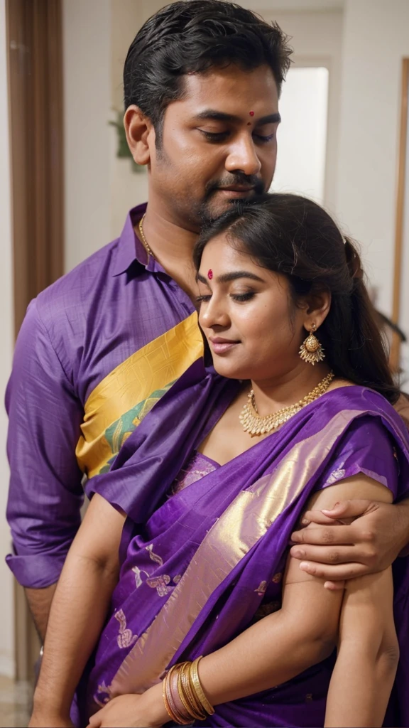 a  50-year-old shirtless man  affectionately hugging and kissing aradiant, full-figured South Indian plus-sized 30 year old teacher wearing a violet silky saree in  dressing room, captured in a full-body image with vibrant hues and meticulous details. Full body image