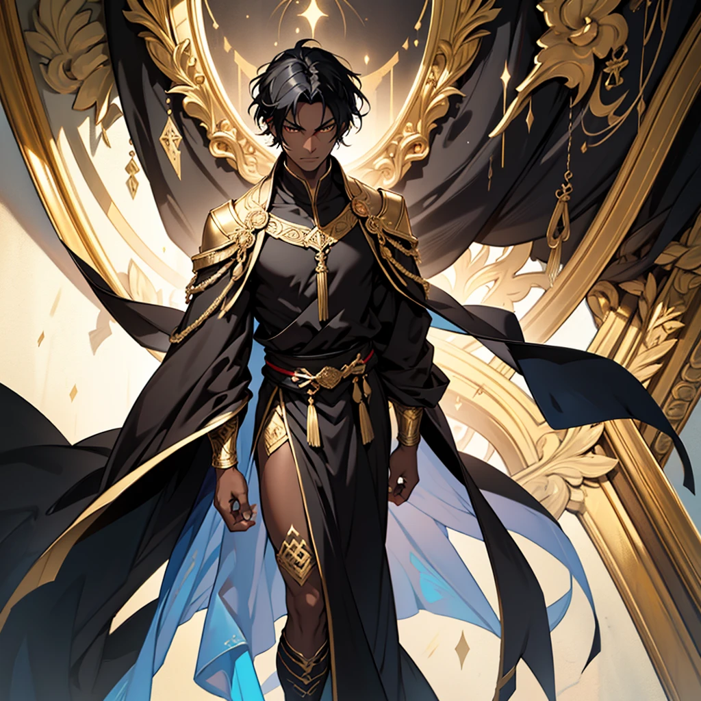 Man with black hair, blue undertone, expressionless golden eyes, calm expression, dark skin, He wears a long red and loose tunic, adorned with gold, all over his body, tall, slender) Painting, ultra-detailed ,portrait,vivid colors,studio lighting,subtle shadow, view full body
