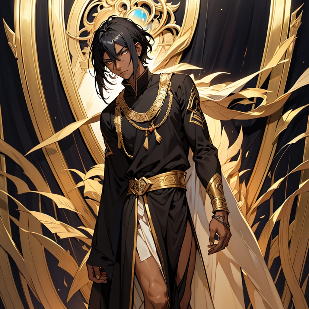 Man with black hair, blue undertone, expressionless golden eyes, calm expression, dark skin, He wears a long red and loose tunic, adorned with gold, all over his body, tall, slender) Painting, ultra-detailed ,portrait,vivid colors,studio lighting,subtle shadow, view full body