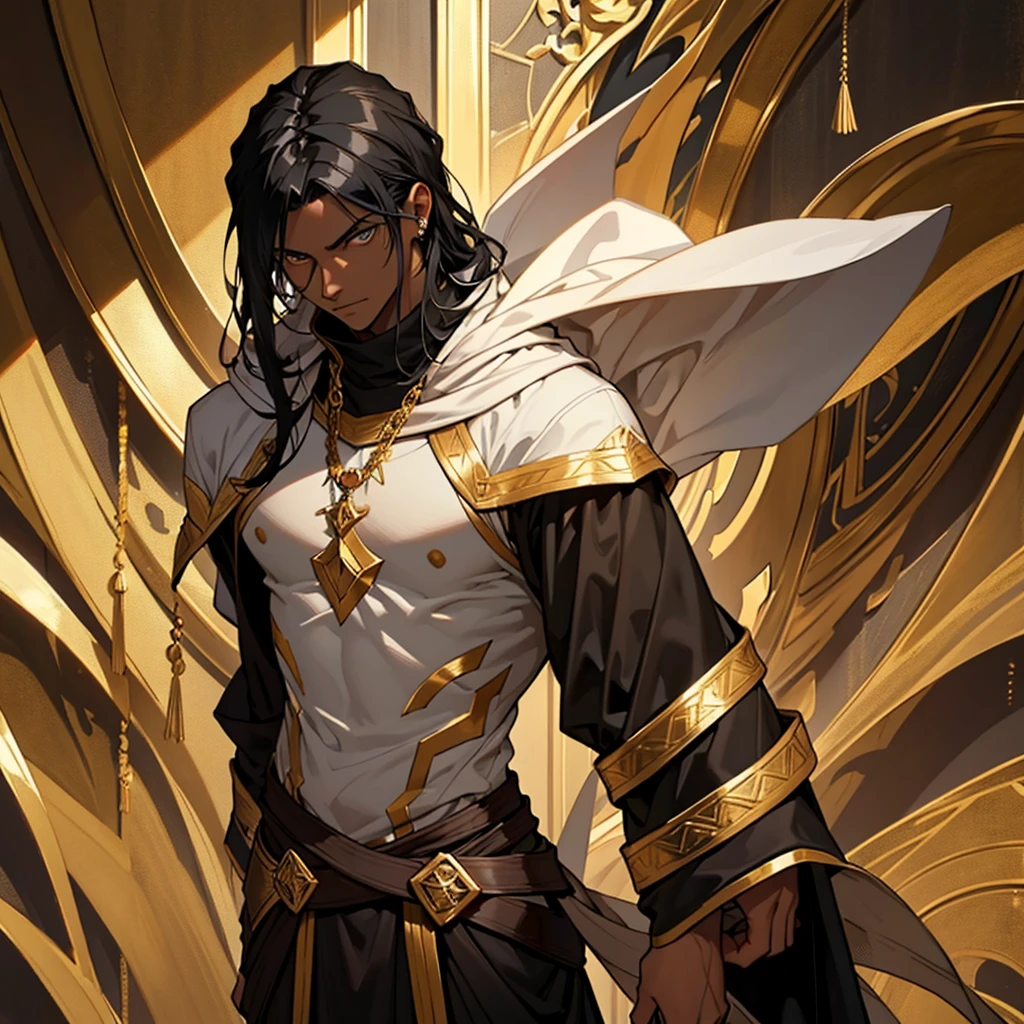 Man with black hair, blue undertone, expressionless golden eyes, calm expression, dark skin, He wears a long red and loose tunic, adorned with gold, all over his body, tall, slender) Painting, ultra-detailed ,portrait,vivid colors,studio lighting,subtle shadow, view full body