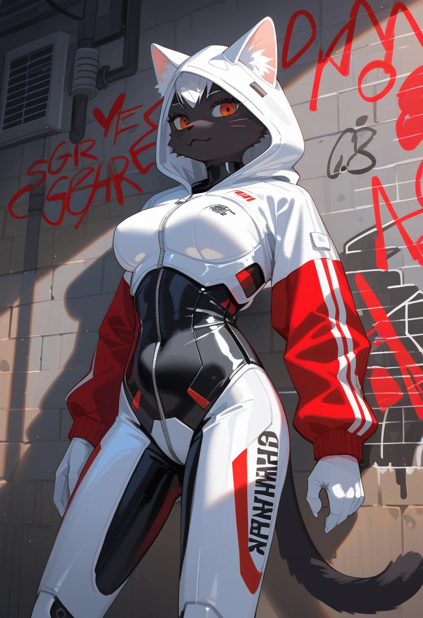 animation, Highest quality, Highest quality, High quality illustrations, masterpiece, Ultra-high resolution, Detailed Background, Alley, Graffiti art on the wall, Absurd, Perfect Anatomy, performance, Good lighting, Shadows in the movies(kemono, Furry PersonifiCation), Cat, Black Skin, White Rubber Suit, Red Pattern, latex, neon, neonライト, neonカラー, Bodysuits, Cyber Suit, Mech Suit, Rubber Hoodie, cyber punk