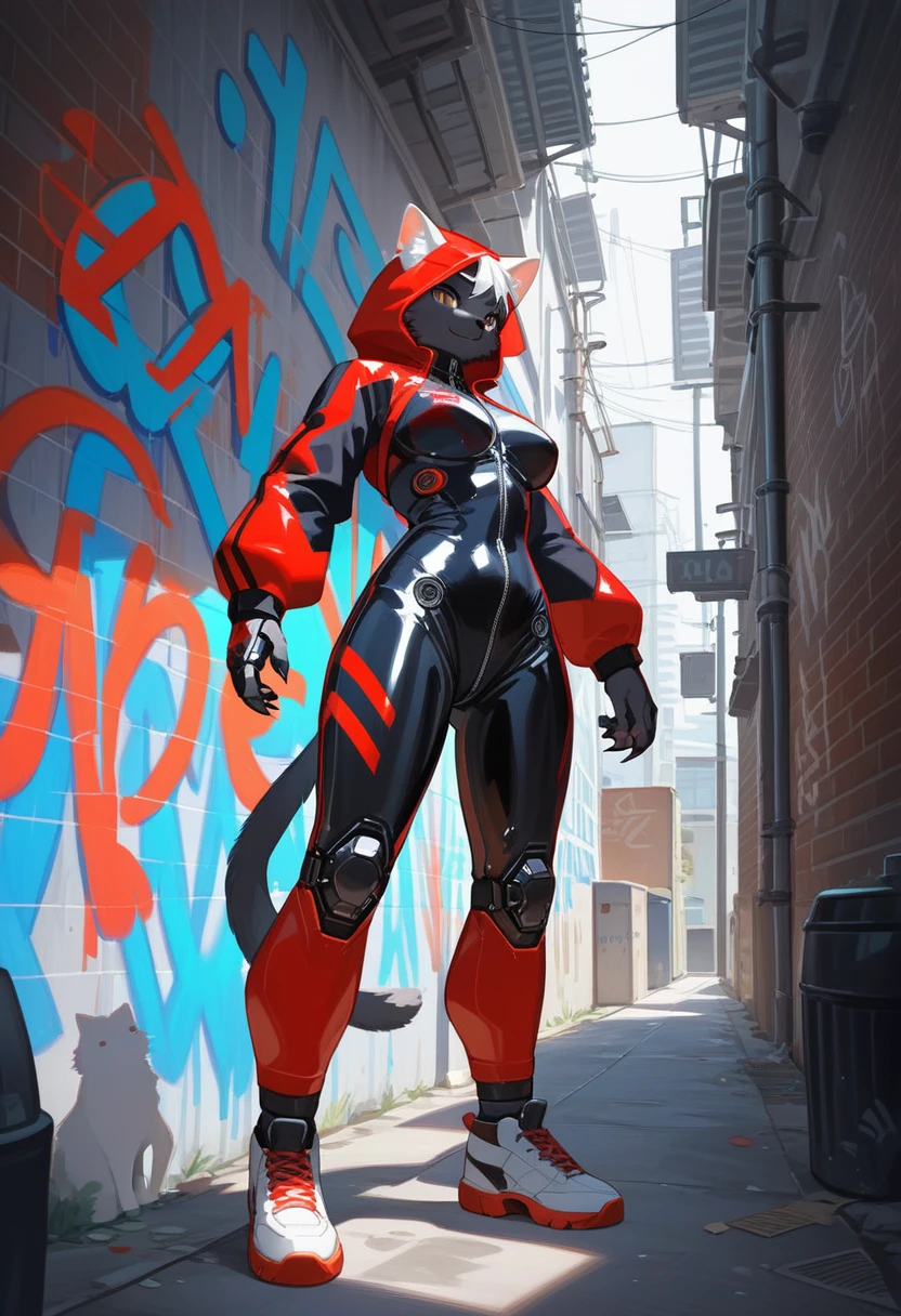 animation, Highest quality, Highest quality, High quality illustrations, masterpiece, Ultra-high resolution, Detailed Background, Alley, Graffiti art on the wall, Absurd, Perfect ???????, performance, Good lighting, Shadows in the movies(kemono, Furry PersonifiCation), Cat, Black Skin, White Rubber Suit, Red Pattern, latex, neon, neonライト, neonカラー, Bodysuits, Cyber Suit, Mech Suit, Rubber Hoodie, cyber punk
