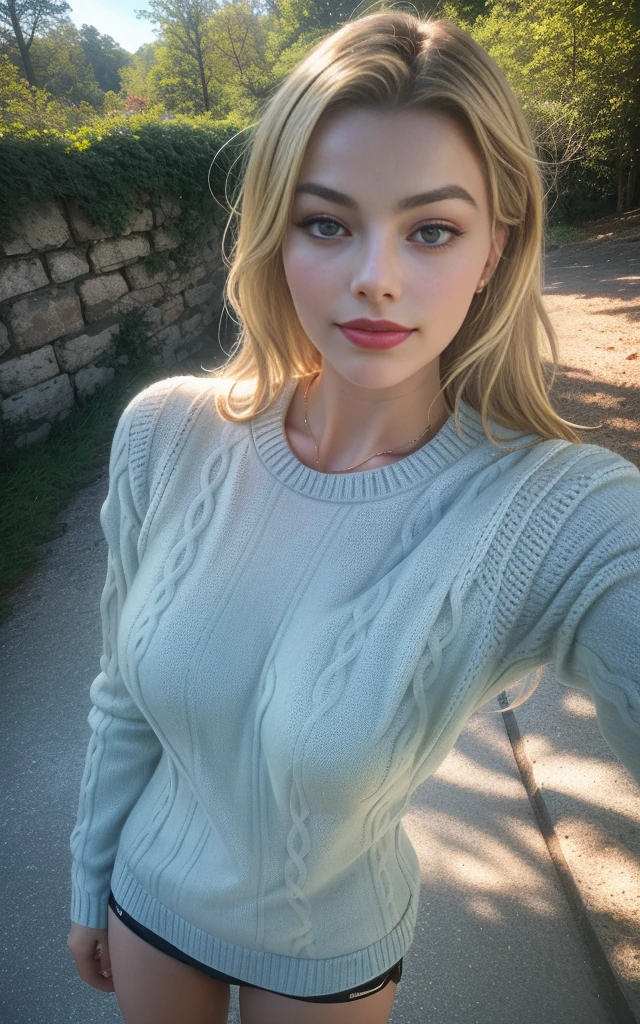MARGOT ROBBIE, photorrealistic, best qualityer, hyper detailled, Beautiful woman, selfie shot, trunk, standing alone, wearing pullover, plein-air, (natta), real life nature, stele, moonligh, (happy, glad), sleeping bag, mitts, sweater tooth, Clear sky, analog style, gazing at viewer, texture skin, Film grain, close up, ultra high resolution, best shade, cru, instagram LUT, fully body