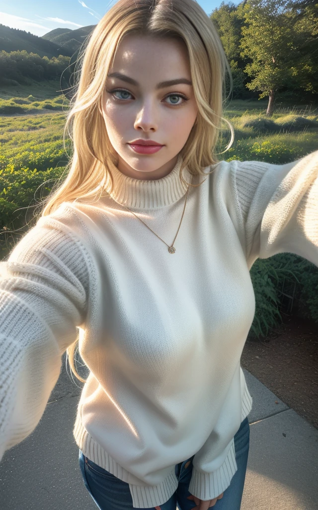 MARGOT ROBBIE, photorrealistic, best qualityer, hyper detailled, Beautiful woman, selfie shot, trunk, standing alone, wearing pullover, plein-air, (natta), mountainscape, real life nature, stele, moonligh, (happy, glad), sleeping bag, mitts, sweater, bonnet, latern, forst, stones, Riu, Wood, smoke, FOG, Clear sky, analog style, gazing at viewer, texture skin, Film grain, close up, ultra high resolution, best shade, cru, instagram LUT, fully body