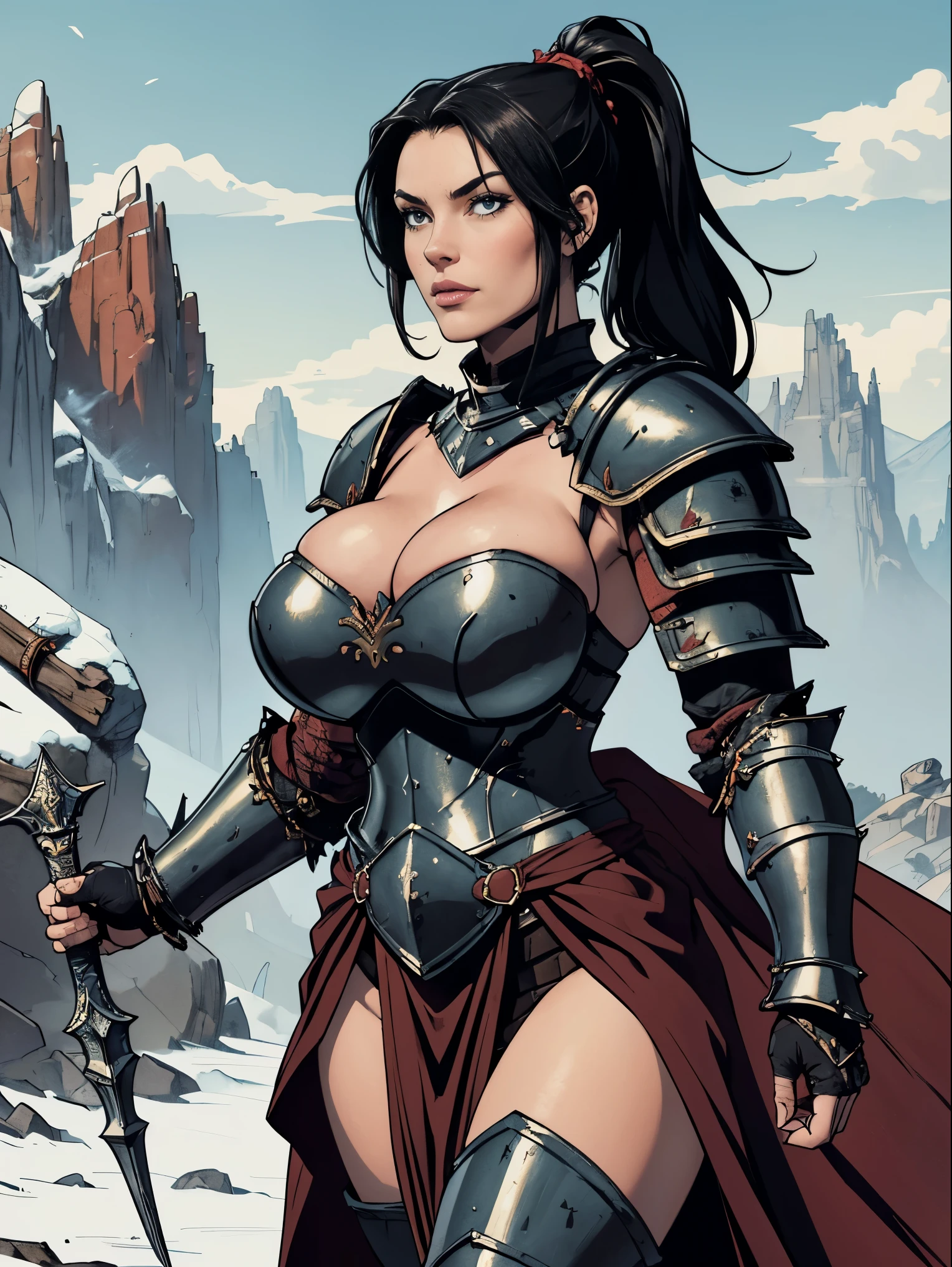 (masterpiece, top quality, best quality, official art, beautiful and aesthetic:1.2), (1girl:1.3), ((Sharp facial features, sharp features, hawkish features)), ((big hair, long black hair, ponytail)), big tiddy chaos warrior girl, extremely detailed, portrait, looking at viewer, solo, (full body:0.6), detailed background, full-body shot, (hot desert mountain theme:1.1), chaos warrior, (spiky helmet), charlatan, smirk, mysterious, swaying in mountains, armor, red metal, brass trim, long boots, dual axes, blood red fabric, pelvic curtain, loincloth, black leather, ((((armor, heavy armor, blood, armored, gigantic breasts, long legs, pelvic curtain, toned, muscular)))), cute belly button, toned tummy, slim waist, slim hips, long legs, medieval (mountain exterior:1.1) background, dark mysterious lighting, shadows, magical atmosphere, dutch angle