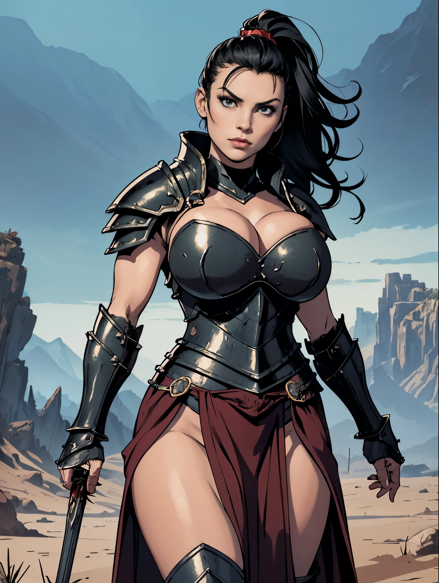 (masterpiece, top quality, best quality, official art, beautiful and aesthetic:1.2), (1girl:1.3), ((Sharp facial features, sharp features, hawkish features)), ((big hair, long black hair, ponytail)), big tiddy chaos warrior girl, extremely detailed, portrait, looking at viewer, solo, (full body:0.6), detailed background, full-body shot, (hot desert mountain theme:1.1), chaos warrior, (spiky helmet), charlatan, smirk, mysterious, swaying in mountains, armor, red metal, brass trim, long boots, dual axes, blood red fabric, pelvic curtain, loincloth, black leather, ((((armor, heavy armor, blood, armored, gigantic breasts, long legs, pelvic curtain, toned, muscular)))), cute belly button, toned tummy, slim waist, slim hips, long legs, medieval (mountain exterior:1.1) background, dark mysterious lighting, shadows, magical atmosphere, dutch angle