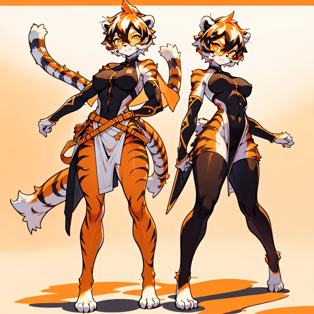 white background, full body, ((furry female:1.2)), Standing, animal ears, white hair, black hair, short hair, large breasts, muscle, tail, orange eyes, orange hair, multicolored hair, tiger girl, hair between eyes, tiger_ears, tiger_tail, orange-tinted_eyewear, tinted_eyewear, big breasts, evil smile, Shadows under feet, Abdominal muscles, (((canonicals, outfit:1.2))), nsfw
