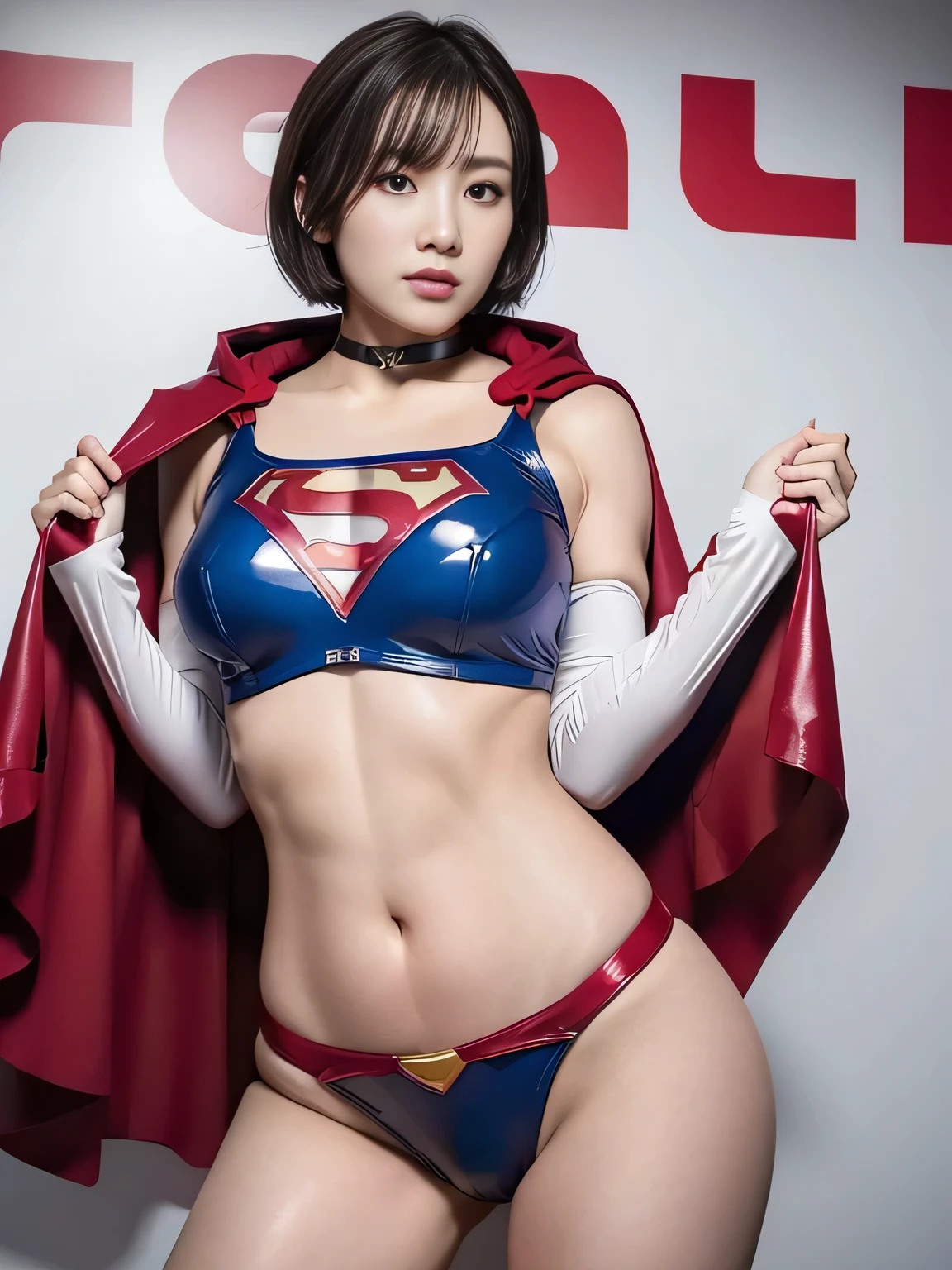 masterpiece、Rubber Supergirl Costume、Short Hair、Hospital operating table、Crisis situation、Big and ample breasts、looking at the camera、Shiny、Off the shoulder、choker、Long sleeve、exy poses to seduce、Sweaty skin、Model Body Type、Alluring、charm、Enchanting、Abused、test subject、victim、Wild、Photorealistic、latex、Expose your belly、athlete、High leg leotard、Photo magazine cover、Red cloak、Beautiful thighs、wallpaper for pc、