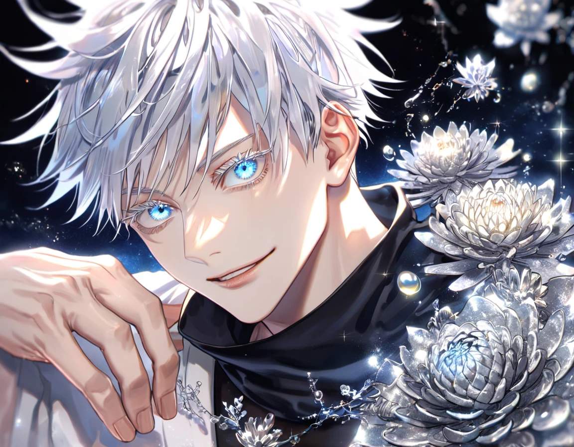 absurdres, highres, ultra detailed, HDR, master piece, best quality, extremely detailed, Gojou Satoru, white hair, expressive blue eyes, white eyelashes, Jujutsu Kaisen, solo, sexy man, handsome, smile, white haori, black scarf, black tight T-shirt, fantasy, water, sparkling, silver glittering fireflies, silver moon, silver blossoms, silver chrysanthemums, silver sparkling lights, starry sky, magical