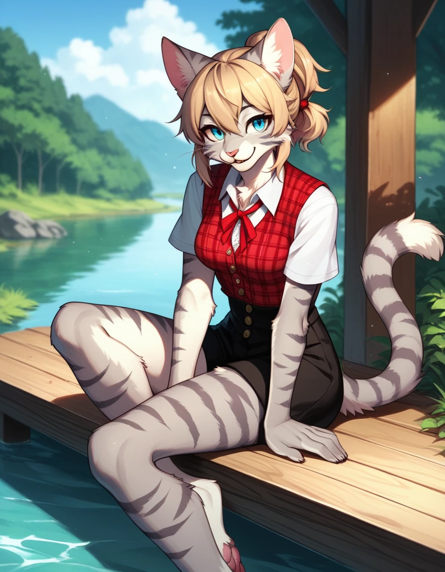 score_9,score_8_up,score_7_up, kemono style, Kat, Anthro furry feline, silver fur, grey stripes on body, blue eyes. short wavy blonde hair, hair tied with red ribbon, pink nose, :3, wearing red plaid collared vest, black waist shorts with buttons, outdoors, sitting on a wooden dock, at a lake, barefoot, feet paws, 4 toes, full body shot, seductive pose, bashful pose, shy smile